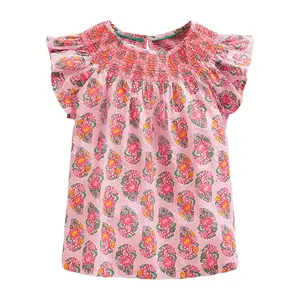 High Quality 100% Cotton Children's Tshirt Custom Girls Cute Woven Smocked Top Butterfly Sleeve Print Tee For Summer