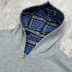 ผู้ผลิตเสื้อฮู้ดดี้แบบมีซิปสั่งทำพิเศษ หนัก 500 กรัม ปักลาย ซิปหน้า ผ้าฝ้าย ลายสก็อตแบบกลับด้านได้ เสื้อฮู้ดดี้แบบซิปสำหรับทุกเพศ - Product Image 6