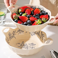 Bol en céramique sous glaçure, style coréen vintage, floral, moderne et minimaliste, à double anse, compatible micro-ondes, pour soupes, nouilles et fruits