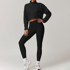 2025 Winter Half Zip Long Sleeve Casual Cropped Sports <strong>Jumper</strong> and High Waist Ribbed Yoga <strong>Leggings</strong> Nylon 2PCS Women's Active <strong>Wear</strong> - Product Image 4