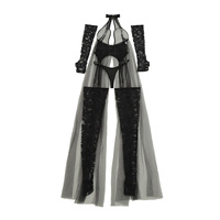 Ensemble de lingerie sexy Deep Love noir tendance avec cape en maille transparente, col halter élégant et manches en dentelle
