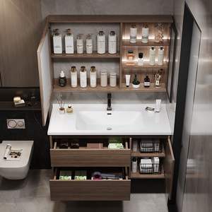 Italian style solid wood bathroom cabinet with intelligent defogging and light <b>mirror</b> cabinet rock board integrated basin - Product Image 4