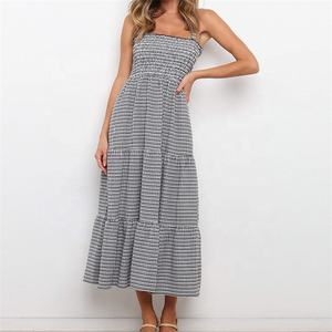 Salida de fábrica verano largo deslizamiento ropa casual a cuadros 100% poliéster camisola correa de espagueti mujeres vestidos causales - Product Image 2