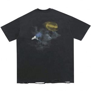 Custom 250 Gsm Men's T-Shirts Over Size Distressed Ripped Pattern 100% Cotton Knitted Fabric Screenprint <b>Tshirt</b> - Product Image 2