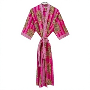 Block Tiger Printed <b>Pink</b> Striped Printed Women's Full Length Robe With V-Neck And Drawstring Closure Casual Wear Spring Season - Product Image 1