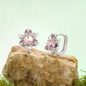 Pendientes de plata con forma de flor y cristales rosas con engaste de garra para mujer, estilo romántico - Product Image 4