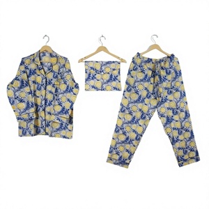 Indian Eco-Friendly Vintage 3-Piece Cotton Floral Printed Women's Pajama Set Soft <b>Comfy</b> Breathable Knee-Length Bridesmaid Night - Product Image 1