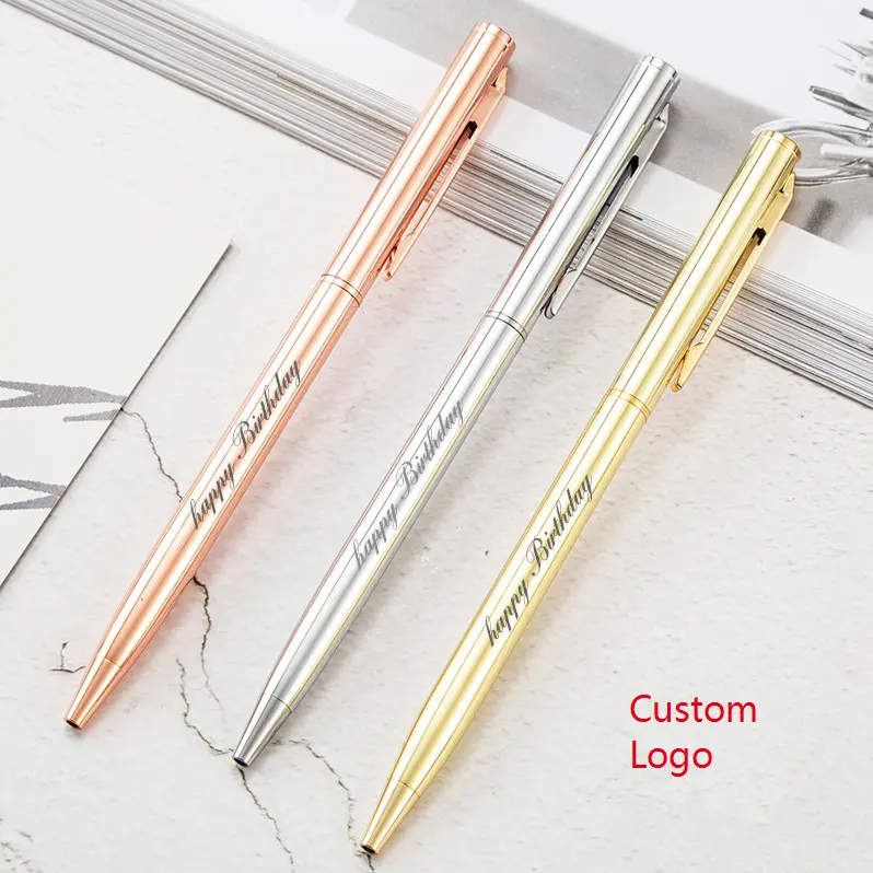 2024 vendita calda cartoleria promozione metallo oro rosa penna su misura stampa laser logo con scatola regalo set penna di lusso a sfera