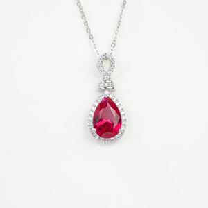 Elegant Pear-Shaped Ruby Necklace, Lab Created Center <b>Stone</b> with Halo Pendant in 925 Silver - Product Image 1