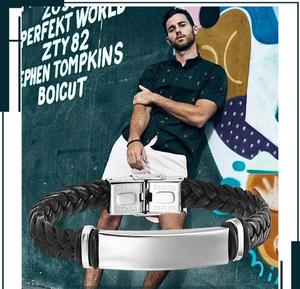 Bracciale in Pelle Intrecciata Larga da <span class=keywords><strong>Uomo</strong></span> con Logo Personalizzabile, in Titanio e Acciaio PU - Product Image 4
