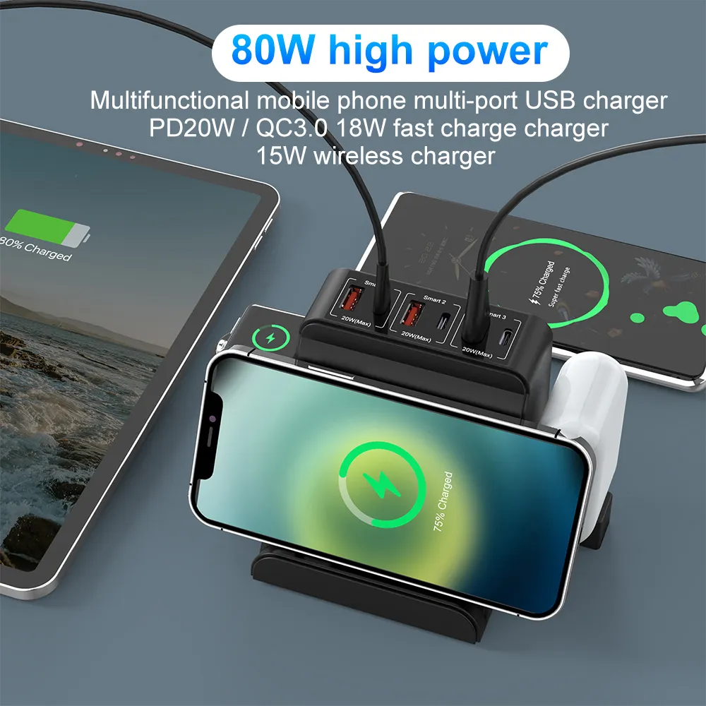 Multifunctional Mobile Phone Multi-port USB Charger 6in115W Wireless Charger PD20W QC3.0 Fast Charging 80W High Power Adapter