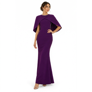 Elegant Wholesale Breathable Purple Mermaid Evening Dress with Beaded Cape Sleeves Floor Length Formal <b>Gown</b> - Product Image 1