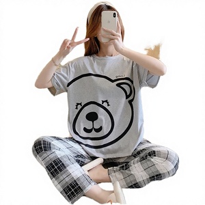 <b>Summer</b> Spring Women's Elastic Waist Short-sleeved Breathable Soft Knitted 100% Polyester <b>Pyjamas</b> Set Casual Loose Cartoon - Product Image 3