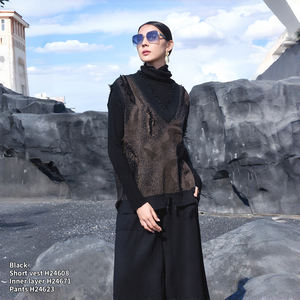 طقم سترة محبوكة متعددة الطبقات + فستان صوفي، صوف وكشمير، ياقة على شكل V، بدون أكمام مع حواف خام - Product Image 5