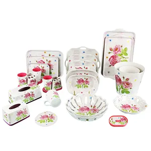 Conjunto de utensílios de mesa de melamina para uso doméstico com estampa de peônia e flores de alta qualidade em vários tamanhos