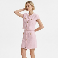 Ensemble jupe et haut en tricot pour femme, sur mesure OEM, vente en gros, haute qualité, tweed rose, boutons décoratifs, 2 pièces