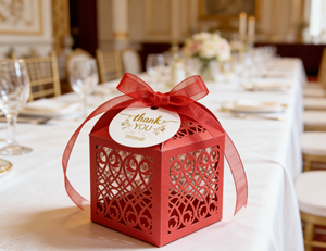 Red Hollow Out Favor <b>Box</b> Made Of Pearlescent Cardboard With Laser Engraving And Organza Ribbon Exquisite - Product Image 2