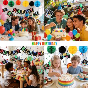 Decoración de <span class=keywords><strong>Cumpleaños</strong></span> con Temática de Videojuegos, Pancarta de <span class=keywords><strong>Feliz</strong></span> <span class=keywords><strong>Cumpleaños</strong></span> |   Decoraciones de bolas y remolinos de nido de abeja Rainbow Video Game para niños y adultos. - Product Image 5