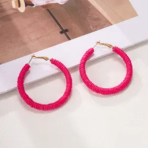 Zooying vendita calda Boho Designer gioielli esagerati grande cerchio rafia erba C forma rosa ornamenti orecchino