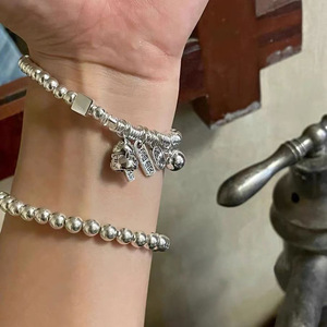 Bracelet en argent sterling S925 avec breloque chat porte-bonheur, bracelet élastique à perles rondes pour femmes, bijoux fins à porter au quotidien - Product Image 3