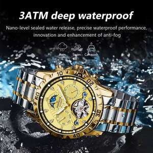 Reloj Mecánico para Hombre POEDAGAR 1412, Tourbillon, Correa de Acero Inoxidable Dorado, Fase Lunar Luminosa, Función de Día, Resistente al Agua y a los Golpes - Product Image 5