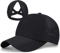 Gorra de béisbol unisex ajustable de 6 paneles con cola de caballo cruzada y moño alto, de secado rápido, 100% algodón, con bordado a mano y hebilla metálica.