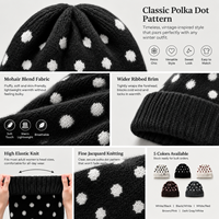 Bonnet en tricot à pois vintage pour femme, chapeau d'hiver moelleux, bonnet chaud en jacquard à bord large côtelé