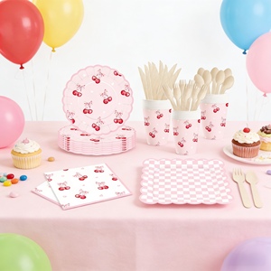 DAMAI Kids Birthday Party Supplies Square Pink White Plaid Plate With Red Cherry <b>Disposable</b> <b>Tableware</b> Paper Napkins Cups Plates - Product Image 3