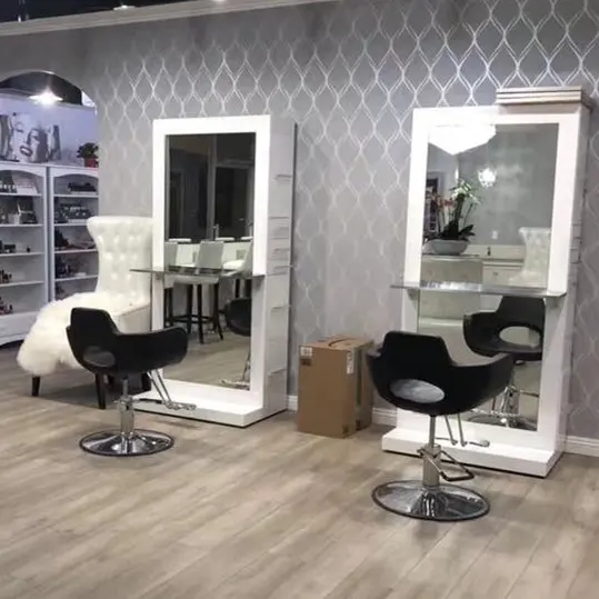Salon Equipment And Furniture Double Sided Barber Stations Hair Styling Mirror Salon Barber Mirror Station With Lights