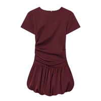 Service OEM ODM – Nouvelle Robe Mini Plissée Tendance pour Femme en Tissu ITY Bordeaux, Col Rond, Taille Basse, Manches Ballon Volumineuses et Respirantes