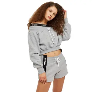 French Terry Printing Off Shoulder Crop Top Hoodie Custom Cropped Hoodies For Women Lady