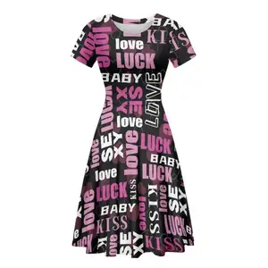 Text Love Design Women's O Neck Midi Dress Valentine's Day Theme Short Sleeve Dresses Custom Your Pattern Ladies Party Clothing