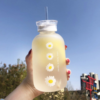 Vente en gros Tasses en verre avec marguerite florale Bouteille d'eau transparente en verre borosilicaté Tasse à café de voyage givrée