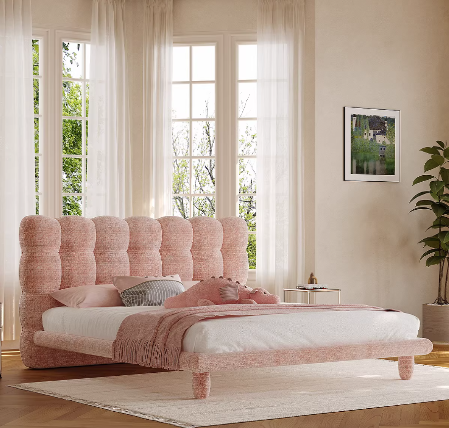 French Cream Bubble Bed for Girls – Pink Fabric Upholstered Princess Kids Bed for Bedroom, Small Apartments & Children’s Rooms - View 3