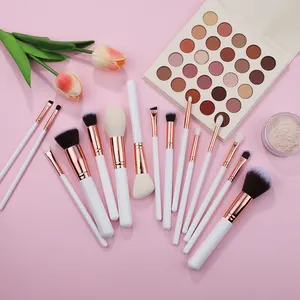 White Wooden Handle Rose Gold 15pcs Natural Hair Powder Foundation Concealer Eye Shadow Brushes Set Factory Price Low MOQ