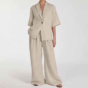 Pantaloni larghi cachi personalizzati e <span class=keywords><strong>abbigliamento</strong></span> <span class=keywords><strong>classico</strong></span> Top tailleur Casual da <span class=keywords><strong>donna</strong></span> 2025 2 pezzi Set di pantaloni da <span class=keywords><strong>donna</strong></span> in lino di viscosa di qualità estiva - Product Image 1