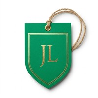 Étiquette de vêtement personnalisée en forme de bouclier avec dorure à chaud, en papier vert émeraude, avec corde en chanvre et œillet en laiton pour marque de mode de luxe