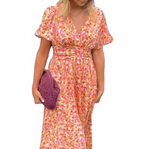 Vestido Vintage de Cintura Alta con Cuello en V para Mujer, Estilo Europeo y Americano, Estampado Sólido, de Pana, Largo hasta el Suelo, Estilo Dulce, 100% Algodón, Lavable - Product Image 4