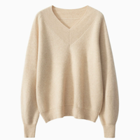 Pull en laine mélangée cachemire tricoté à la main col en V uni coupe ample pour femme 2026
