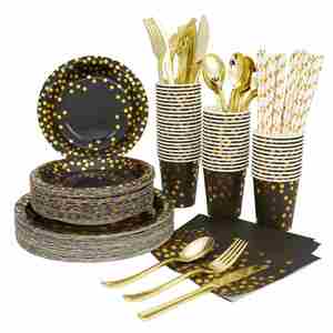 Juego de Platos, Vasos y Servilletas Desechables de Papel con Estampado Dorado y Negro, Artículos para Fiestas, Vajilla - Product Image 1