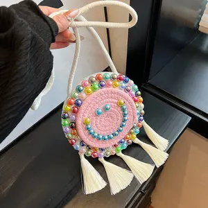 Colore estivo tut bohémien forma rotonda con perline decorazione Crochet spiaggia spalla a tracolla borsa con nappine