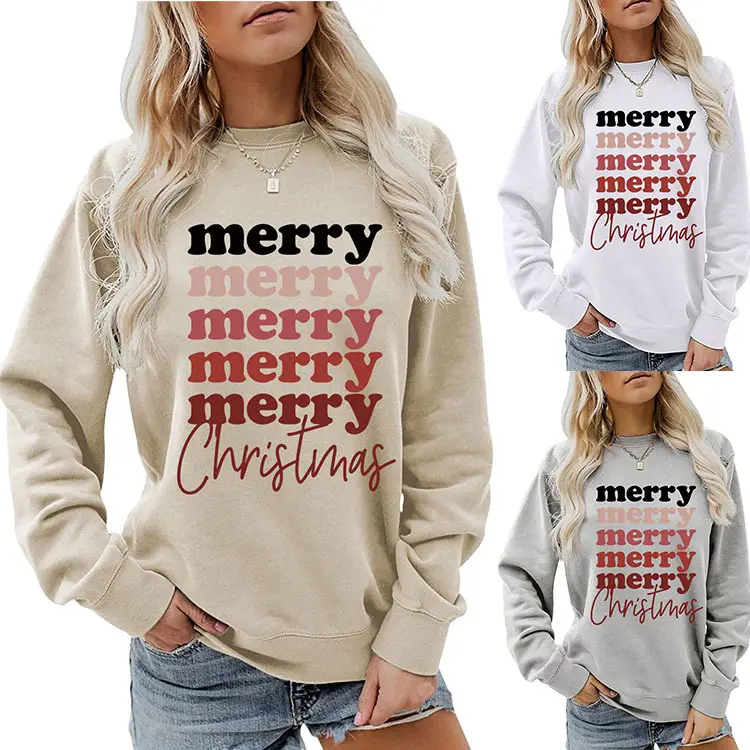 Merry Christmas Cute Letter Print Graphic Shirt Winter Casual Long Sleeve Loose Pullover Top Sweatshirt for Women