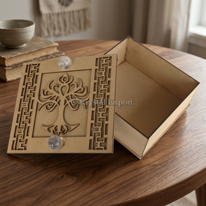 Tree of Life <b>Wooden</b> Jewelry <b>Box</b> <b>with</b> Crystal Quartz Handmade Square MDF Gift <b>Box</b> Customizable From Gujarat - Product Image 2