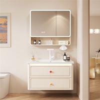 Set Kabinet Kamar Mandi Dinding Pintar Lengkung Aluminium Model Sarang Lebah Gaya Prancis Terintegrasi dengan Wastafel Keramik dan Cermin