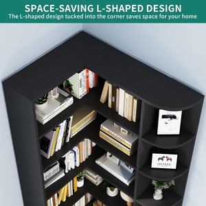 Hot Selling 6 Tier Black Mdf Hoek Boekenplank Led Licht Moderne L-Vormige Opslag Display Plank Voor Home Office Houten Paneel Stijl