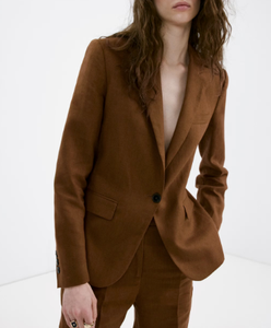 Women's <b>Brown</b> <b>Wool</b> Blazer Notched Collar Single Button Full Sleeve Solid Color Anti-Wrinkle Autumn Business Casual Jacket - Product Image 5