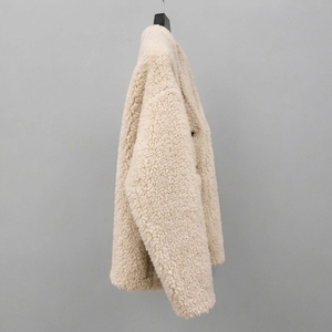 <span class=keywords><strong>Manteau</strong></span> court en laine pour <span class=keywords><strong>femme</strong></span>, en fausse fourrure duveteuse, col en V, boutons recouverts de tissu, deux poches plaquées, coupe ample, vêtement d'extérieur d'hiver noir - Product Image 4