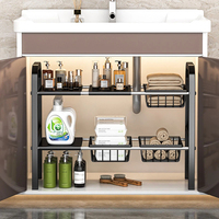 Estante de Almacenamiento Ajustable para Debajo del Fregadero, Organizador de Gabinete Extensible de Acero al Carbono, Estante de Almacenamiento Telescópico para Cocina