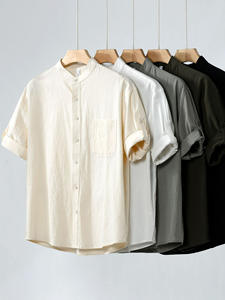 Camisa de lino para hombre, camisa de manga corta, suelta, de algodón y lino de verano para hombre, Top simple con cuello alto de color sólido para hombre - Product Image 2