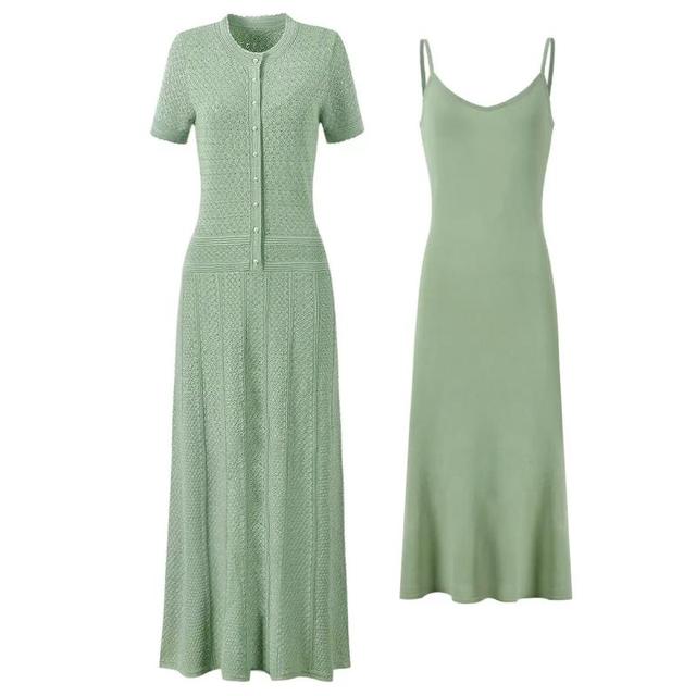 Knitting Outfits Short Sleeve Sweater and Midi Dress 2 Piece Set for Women